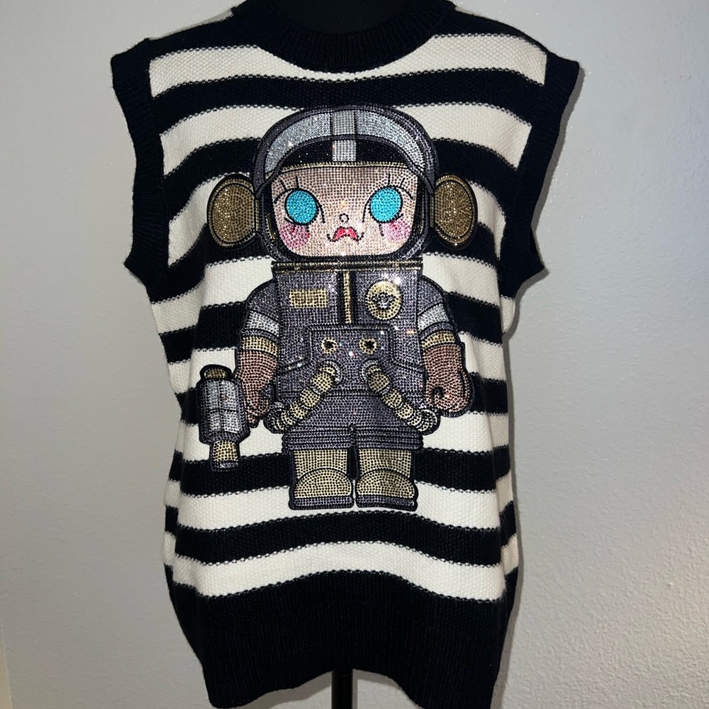 Striped Sweater Vest with Robot Design